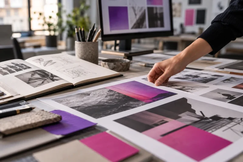 Grafisch ontwerper beoordeelt een zorgvuldig vormgegeven lay-out op papier.