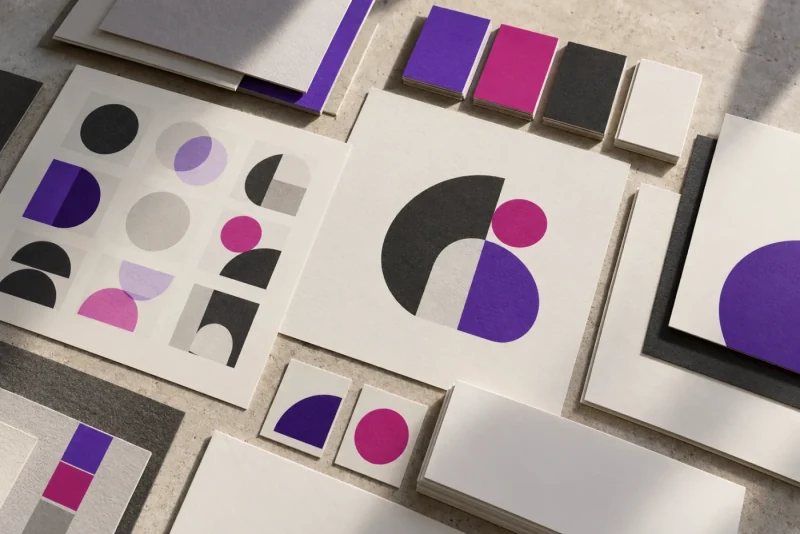 Tactiele identiteitspresentatie met logo-ideeën, typografie en merkkleuren.