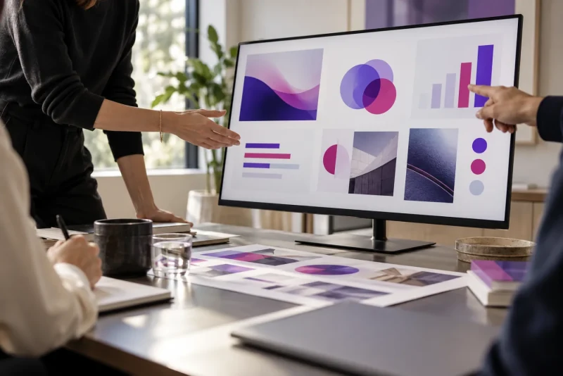 Een presentatie met visuele grafieken en uitgeprinte slides op een vergadertafel.