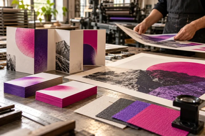 Gedrukt drukwerk en papiervoorbeelden worden aan een werktafel gecontroleerd.