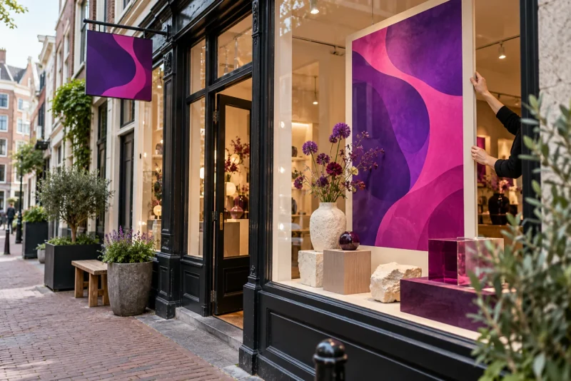 Violet en magenta reclameposter en etalagedisplay bij een winkelopening.